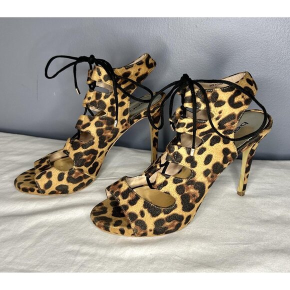 Bebe Shoes Womens Size 10 Leopard Print High Heel Sandals Lace Up Open Toe - Picture 2 of 14